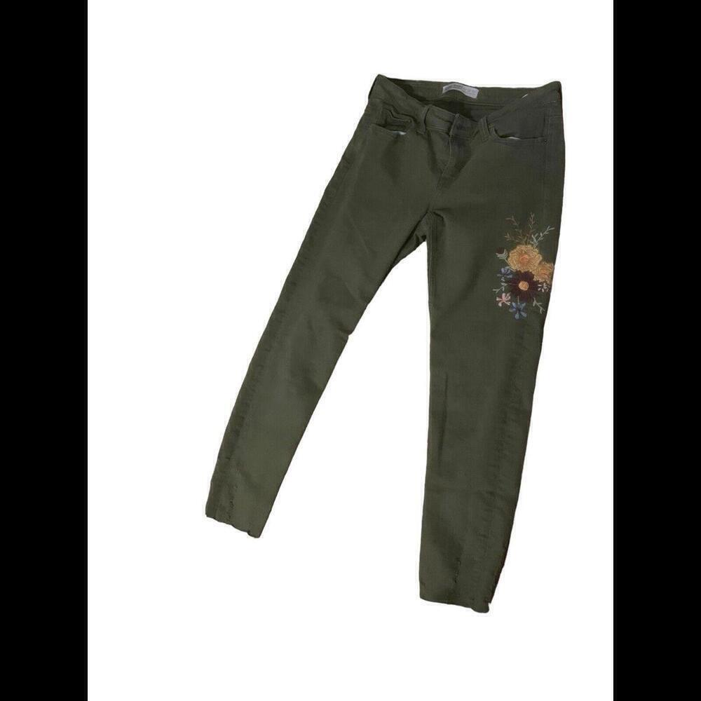 Zara dark khaki jeans zara with matching flower embroidery Size 6 J22